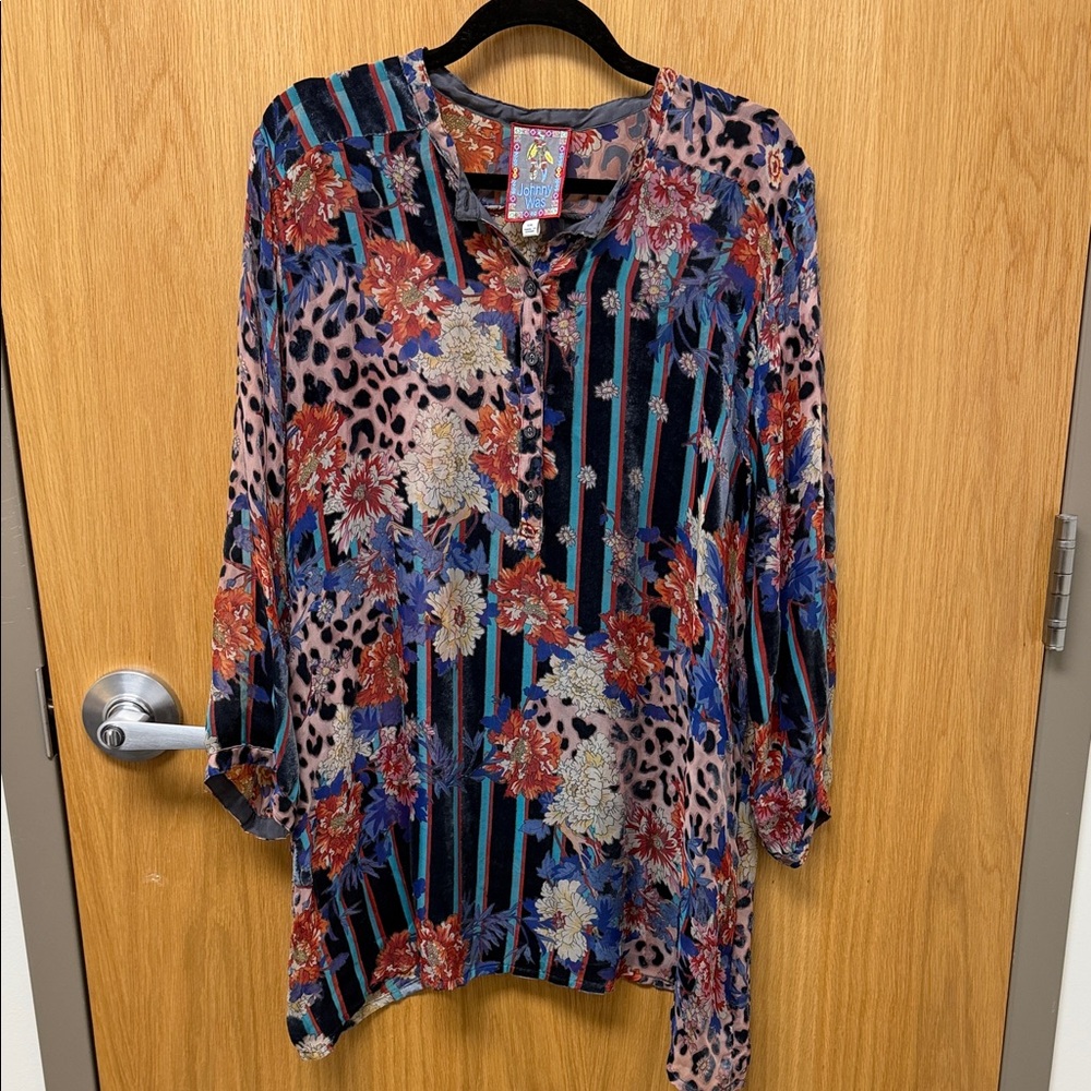 Johnny Was Floral & Stripe Mixed Print Tunic - Blue, Black, Pink